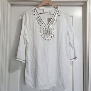 Chico's Embellished Eunice 3/4 Tunic Top Linen Mirror Bead Size 1 (US 8/10 Med)